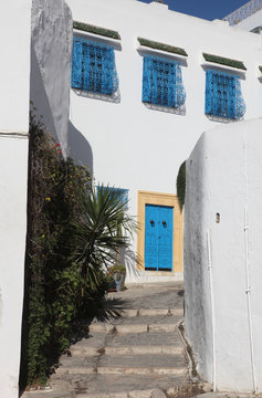 Tunisia, Sidi Bou Said - typical building with white walls, blue doors and windows