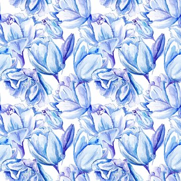 Blue Watercolor Tulip Pattern © Kisika