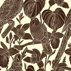 Wall murals Brown Parrots and tropical flowers. Vector seamless pattern