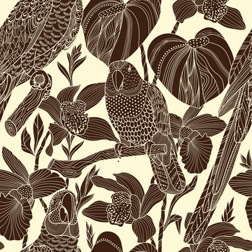 Parrots and tropical flowers. Vector seamless pattern