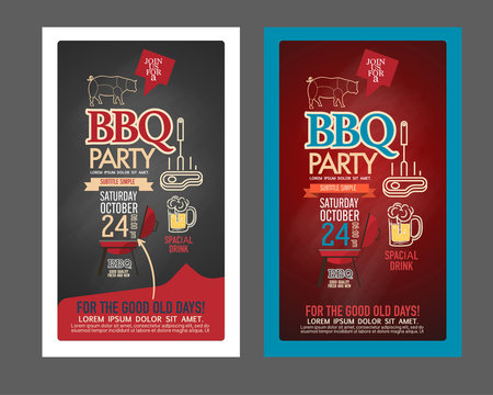 Barbecue party BBQ template menu design set. name card, gift vou