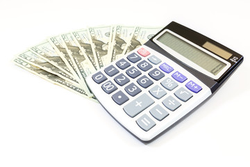 dollars money with calculater on white background