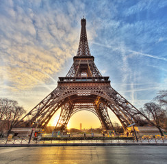 Wide shot of Eiffel Tower with dramatic sky, Paris, France