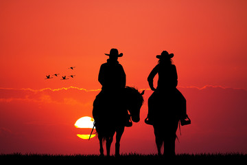 Fototapeta na wymiar couple on horse silhouette
