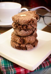 Chocolate with almond slices / Close up