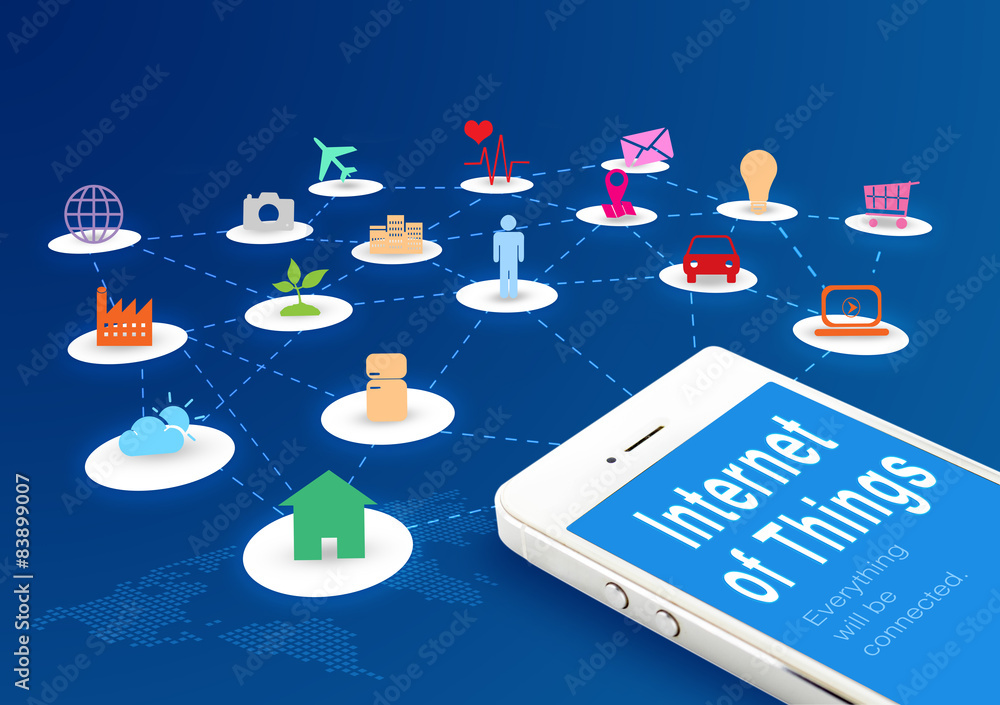 Poster Smart phone with Internet of things (IoT) word and objects icon