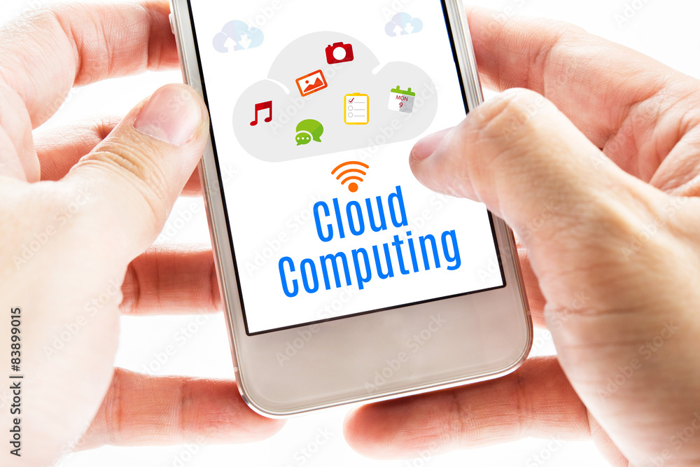Poster close up two hand holding smart phone with cloud computing word