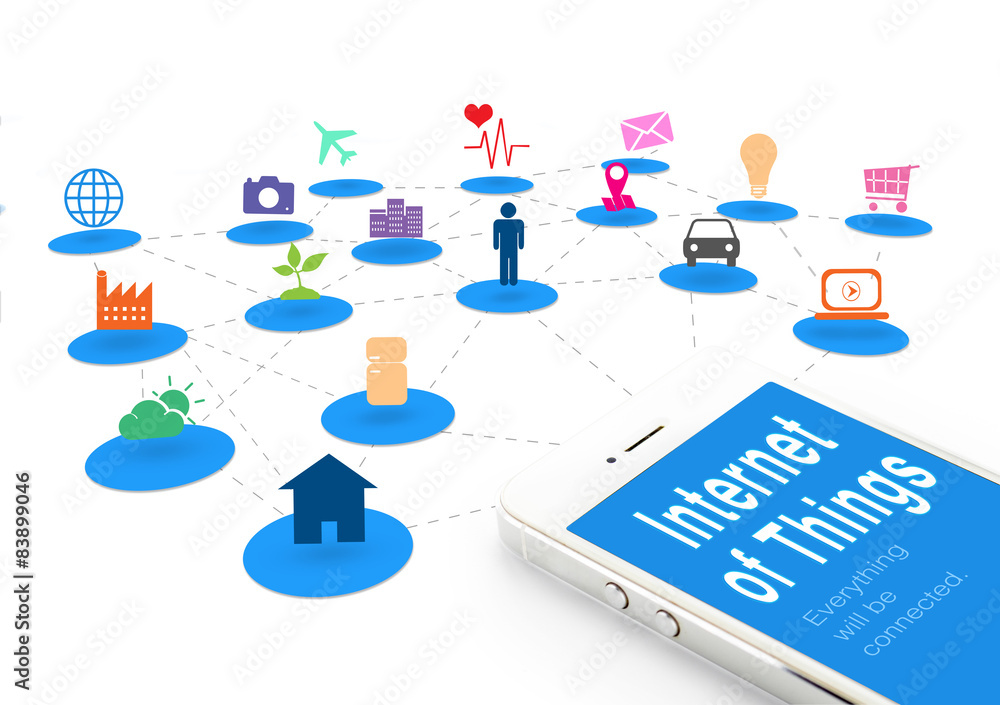 Poster smart phone with internet of things (iot) word and objects icon