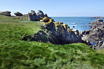 Green grass and Wild coastline in south of Yeu Island