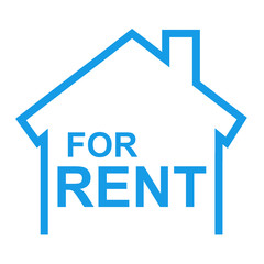 Icono aislado casa texto FOR RENT azul