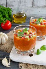 Fresh gazpacho on a wooden table