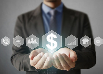 Holding virtual icon of social network in hand