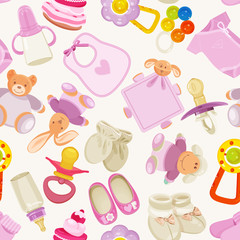 seamless pattern with colorful baby items for newborn girl