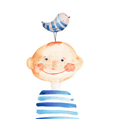 Boy in striped shirt with bird. Watercolor  - 83904225