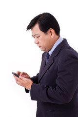 unhappy senior businessman receiving bad news via smartphone app