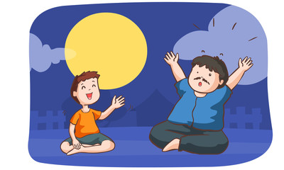 boy tell shock story to a man in full moon night vector