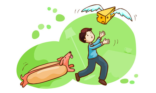 hot dog chase a man and butter have a wing for fly vector