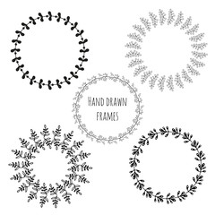 Set of circle hand drawn isolated frames. Cute leaves round frames for greeting card. Vector decoration collection.