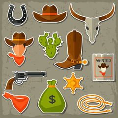 Wild west cowboy objects and stickers set