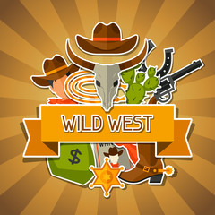 Wild west background with cowboy objects and stickers