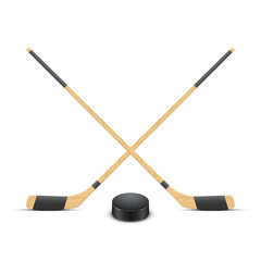 Ice Hockey puck and sticks. Vector.