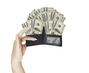 dollar in  black leather wallet in hand