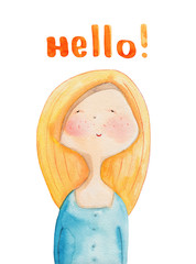 Girl with long blonde hair. Hello. Watercolor 