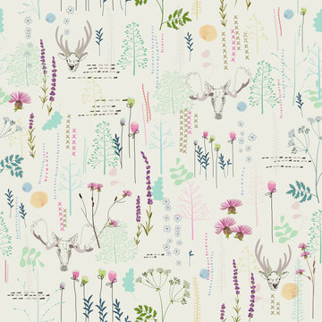 Seamless pattern with trees, shrubs, foliage, deer
