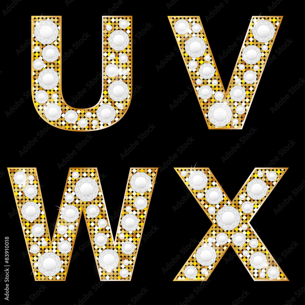 Poster Golden metallic shiny letters U, V, W, X
