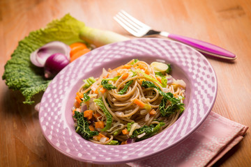 spaghetti with vegetarian ragout, selective focus