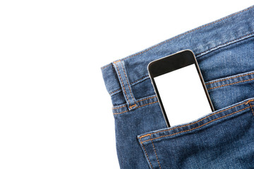 Smart phone in your pocket blue jeans on white background