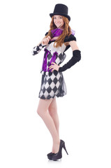 A girl in harlequin costume isolated on white