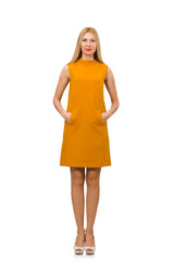 Pretty girl in ocher dress isolated on white