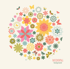 Fototapeta na wymiar Vintage Greeting Card with Decorative Flowers and Butterflies. 