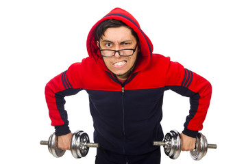 Fototapeta na wymiar Young man with dumbbells isolated on white