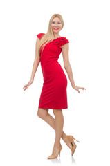 Blond woman in scarlet dress isolated on white