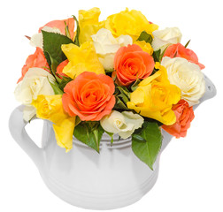 Vibrant colored roses flowers, water can