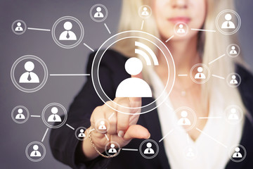 Social network touch button businesswoman signal