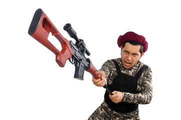 Soldier with a weapon isolated on white