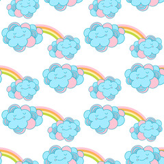 Vector seamless pattern with the clouds and rainbow