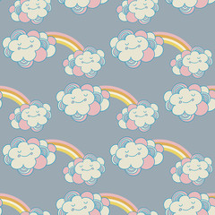 Vector seamless pattern with the clouds and rainbow