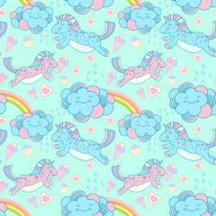 Vector seamless pattern with the unicorns, clouds and rainbow