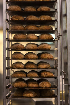 Freshly baked bread in commercial kitchen