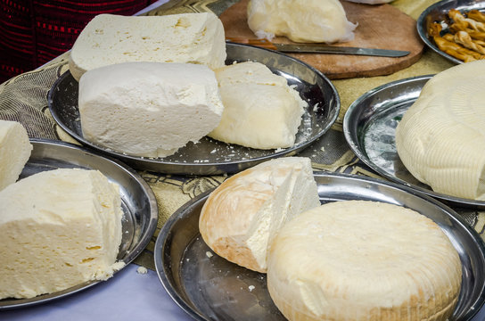 Feta cheese on a silver tray sold in the market