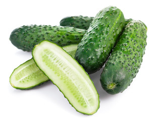 Fresh cucumbers in cutting. Isolated on white background