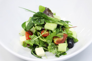 Delicious salad served in a white plate.