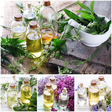 Collage from photos with  essential aroma oil.
