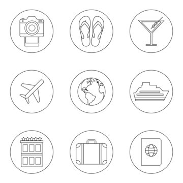 Vector set of thin outline style travel icons