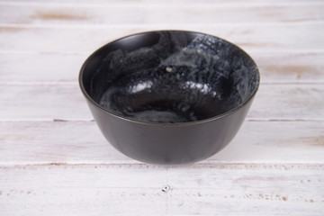 Dirty bowl on wood background