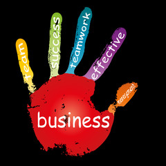 Conceptual children painted hand print word cloud